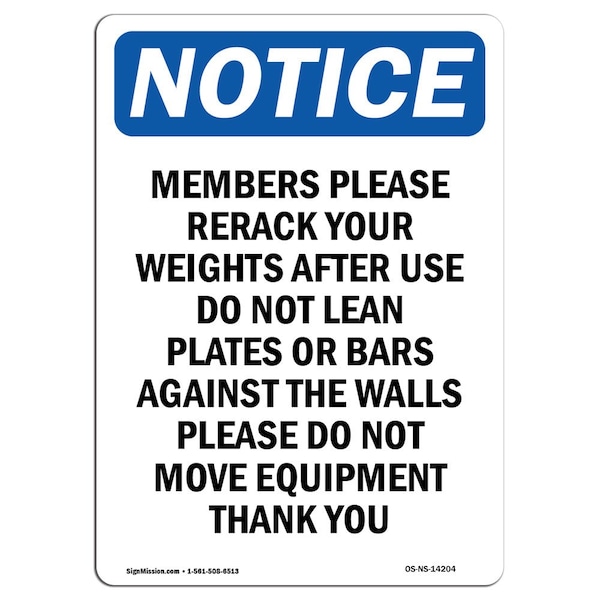Safety Sign, OSHA Notice, 5" Height, Members Please Rerack Your Weights Sign, Portrait, 10PK